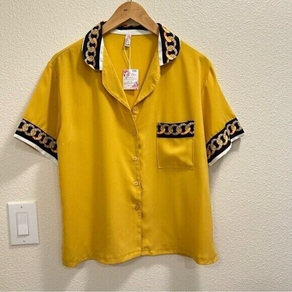 Tau Hin Yellow Chains Detail Button Front Women's Top Plus Size XXL - Picture 2 of 8